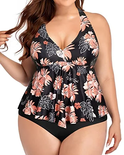 Plus Size Tummy Control Halter Tankini Top With Bottoms-Black Orange Floral Plunge Neckline Swimsuit