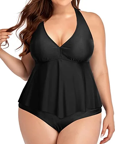 Ruffle Plus Size Halter High Waisted Tankini Set For Women-Black Sporty Racerback Swimsuit