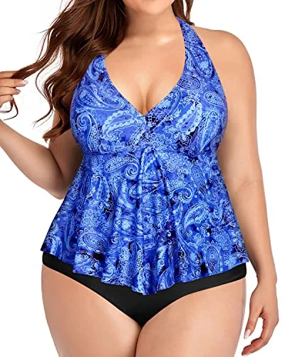 Ruffle Plus Size Two Piece High Waisted Swimsuits For Women-Blue Tribal Two-Piece Beachwear