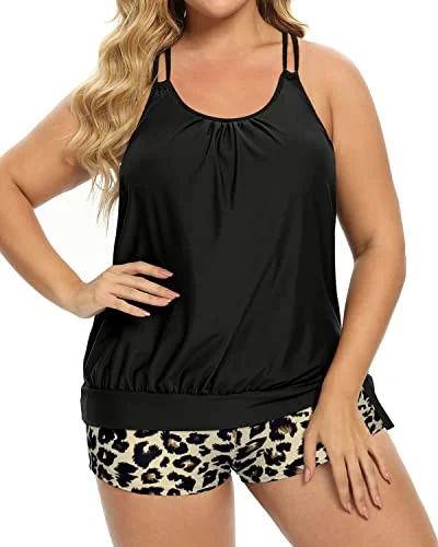 Blouson Tummy Control Plus Size Two Piece Tankini Bathing Suits For Women-Black And Leopard Sporty Swimsuit Style