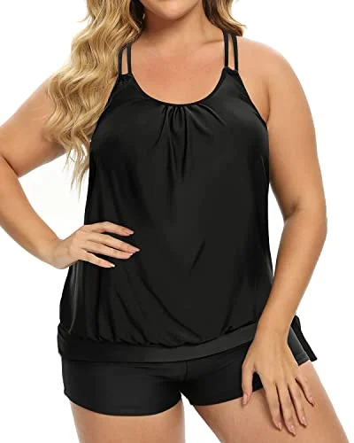 Women Plus Size Two Piece Tankini Swimsuit Criss Cross Back Bathing Suits-Black Lace-Detail Bikini Set