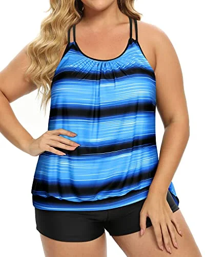 Women Plus Size Two Piece Tankini Swimsuit Tummy Control Bathing Suits-Blue And Black Stripe Stylish Beachwear Set