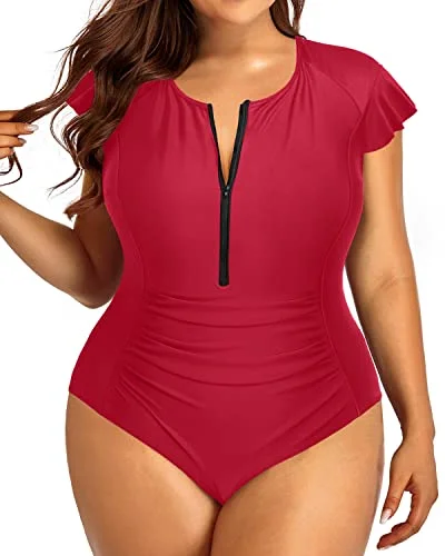 Cap Sleeves Plus Size One Piece Swimsuit For Women Tummy Control Bathing Suits-Red Push-Up Swimsuit Top