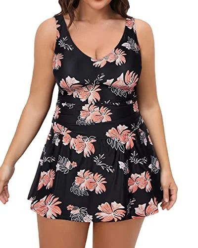 Plus Size One Piece Swim Dress With Tummy Control For Women-Black Orange Floral Chic Bikini Set