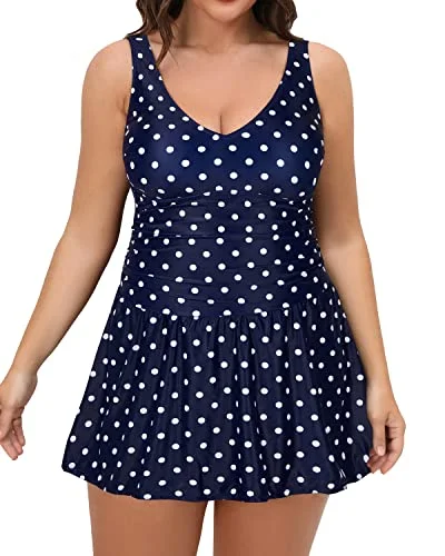 Women Plus Size One Piece Swim Dress Tummy Control-Blue Dot Playful Pattern Swimsuit