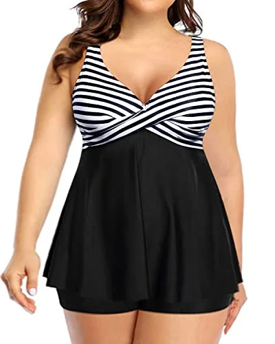 Flowy Plus Size Tankini For Elegant Neck And Curvy Bust Women-Black And White Stripe Swimsuit with Skirt