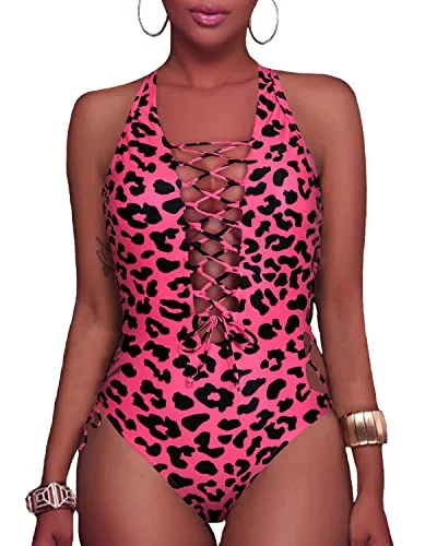 High Cut Cross Back Plunge V Neck One Piece Swimsuits-Hot Pink Leopard Button-Front Swimsuit