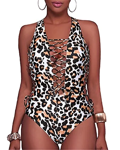 Flattering Lace Up Strappy Cutout Swimwear-Leopard Plunge Neckline Swimsuit