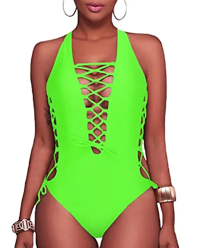 Plunge V Neck Lace Up Monokini One Piece Swimsuit For Curvy Women-Neon Green Classic Sporty Swimsuit