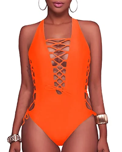 Lace Up Monokini Plunge V Neck One Piece Swimsuits-Neon Orange Elegant Ruffle Swimsuit