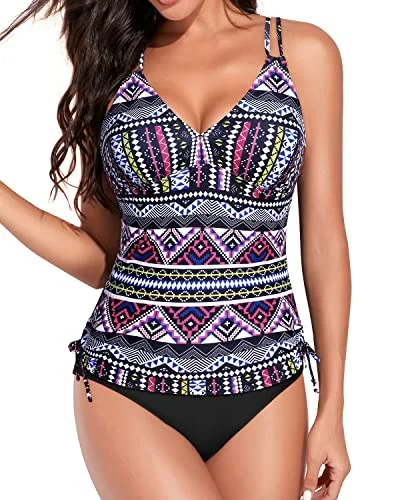 Sporty Adjustable Criss Cross Shoulder Straps Tankini Swimsuits-Black Tribal Sleek Mesh Bikini