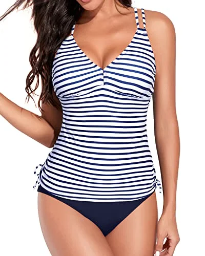 Adjustable Criss Cross Shoulder Straps Tankini Swimsuits-Blue White Stripe Halter Top Bikini