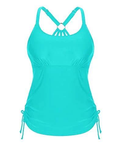 Ruched Tie Side Drawstring Tankini Swimsuit Tops For Women Tankini-Aqua Lace-Detail Bikini Set