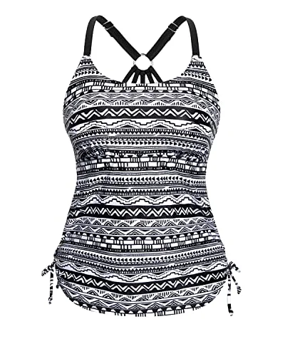 Adjustable Strappy Racerback Tankini Swimsuit Tops For Women Tankini-Black And White Stripe Plus-Size Bikini Set