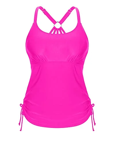 Long & Loose Tankini Tops For Tummy Hiding Swimsuit Tops For Women Tankini-Neon Pink Trendy Swimwear Set