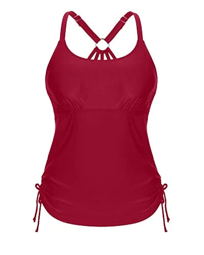 U Neck Tankini Top With Removable Padded Bra Swimsuit Tops For Women Tankini-Red Swim Dress with Belt