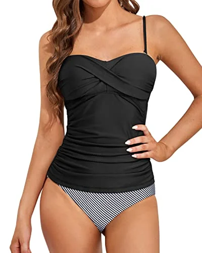 Modest Two Piece Bandeau Tankini With Swim Shorts-Black Stripe Mesh Detail Bikini