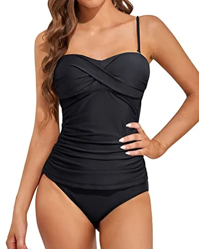 Twist Front Bandeau Tankini With Push Up Cups For Women-Black Elegant Ruffled Bikini