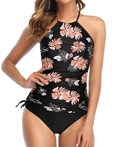 Halter Tankini Two Piece Swimsuits With Backless Tankini And Shorts-Black Orange Floral Bold High-Cut Bikini