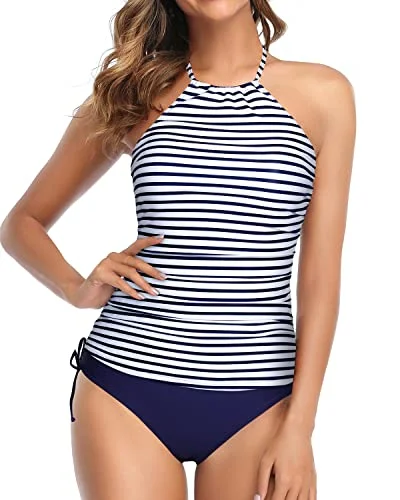 Backless Tankini Two Piece Swimsuits For Women Tummy Control-Blue White Stripe Quick-Dry Swimsuit