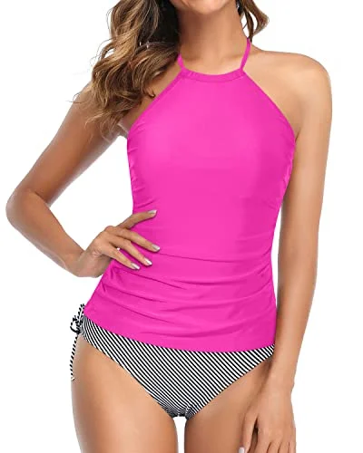 Full Coverage Backless Tankini With Shorts For Women-Hot Pink Stripe Playful Pattern Swimsuit