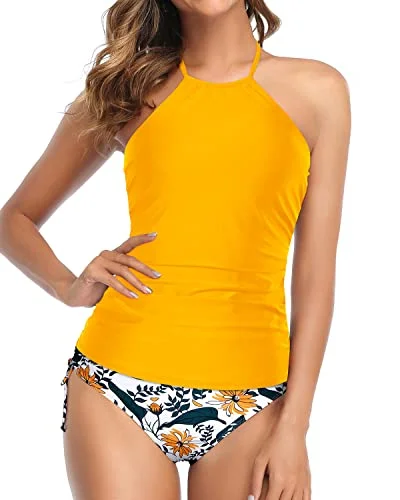 Halter Tankini Two Piece Swimsuits For Women Tummy Control Bathing Suits-Yellow Floral Reversible Bikini Set