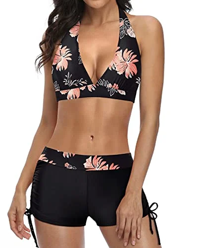 Push Up Bikini Swimsuit Set With Boyshort Two Piece Swimsuit-Black Orange Floral V-Neck Swim Dress