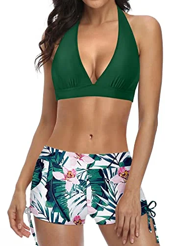 Removable Padding Push Up Bikini With Boyshort Two Piece Swimsuit-Green Tropical Floral Tropical Print One-Piece