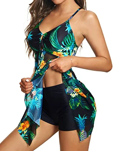 Tummy Control High Waisted Boy Shorts Two Piece Swim Dress-Black Pineapple Vintage Swimwear Look