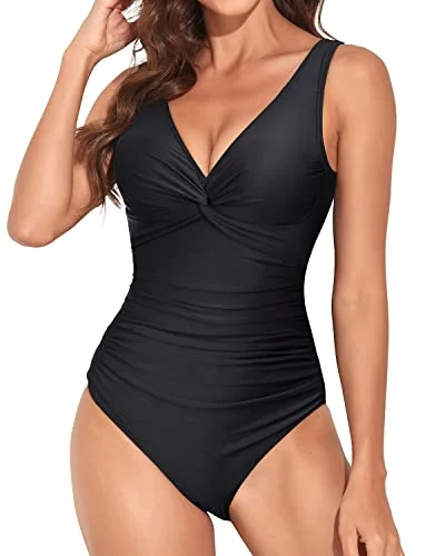 Long Torso Women One Piece Swimsuit Vintage V Neck Twist Bathing Suit-Black Push-Up Bikini Bottoms