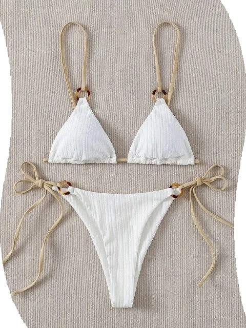 2023 Sexy Bikini Set Cute Simple White Plain Ring Linked Spaghetti Strap Triangle Thong Biquini Swimsuit Color-Block Bikini 2023 Sexy Bikini Set Cute Simple White Plain Ring Linked Spaghetti Strap Triangle Thong Biquini Swimsuit Color-Block Bikini