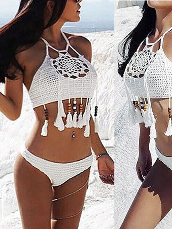 2022 Sexy Bikini Swimwear Crochet Halter Beaded Tassel Top Sexy Hollow Out Button-Front Swimsuit 2022 Sexy Bikini Swimwear Crochet Halter Beaded Tassel Top Sexy Hollow Out Button-Front Swimsuit