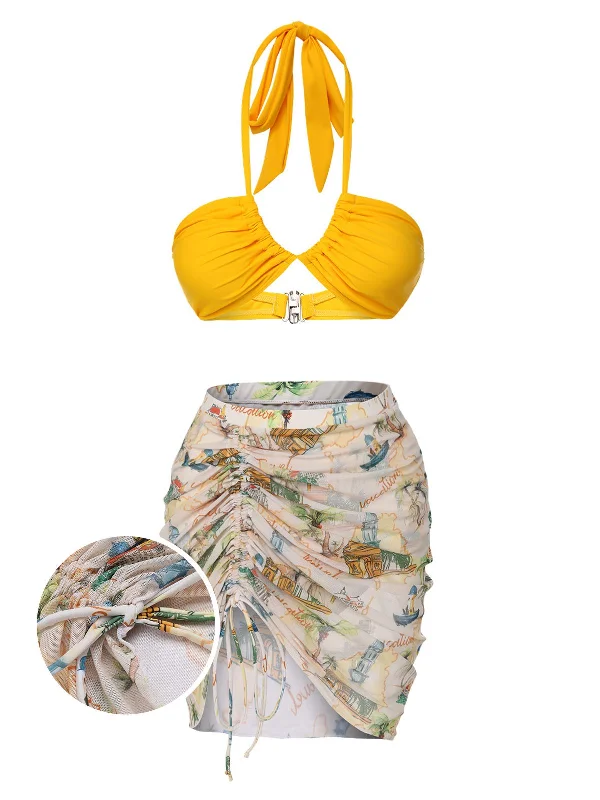 2PCS Yellow 1970s Retro Architectural Pattern Swimsuit & Cover-Up Vibrant Bikini Bottoms 2PCS Yellow 1970s Retro Architectural Pattern Swimsuit & Cover-Up Vibrant Bikini Bottoms
