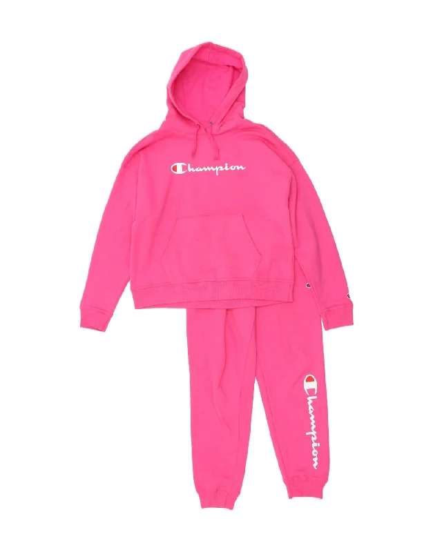 CHAMPION Womens Graphic Hooded Full Tracksuit UK 14 Medium Pink Cotton Hoodie with Hem Applique Textured Unique