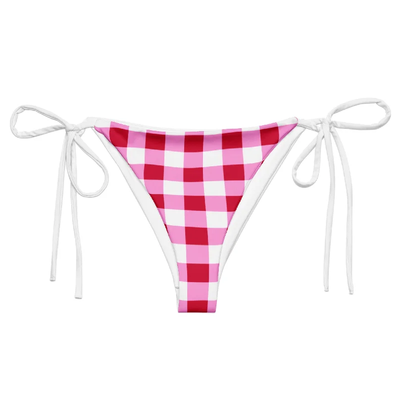 Cherry Red, White and Pink Gingham String Bikini Swimsuit Bottoms Comfortable Swim Dress Cherry Red, White and Pink Gingham String Bikini Swimsuit Bottoms Comfortable Swim Dress