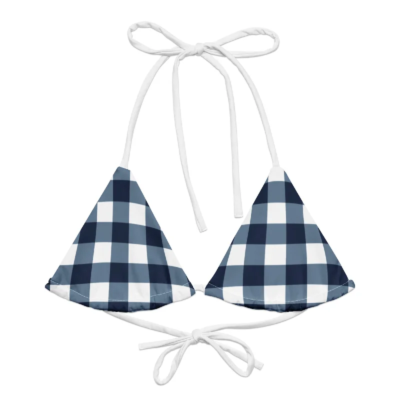 Navy Blue and White Gingham String Bikini Swimsuit Top Chic Swimsuit Cover-Up