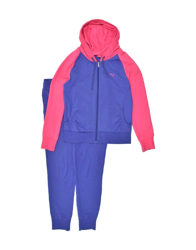 PUMA Womens Hooded Full Tracksuit UK 14 Large Purple Colourblock Hoodie with Hidden Zipper Minimalist Clean