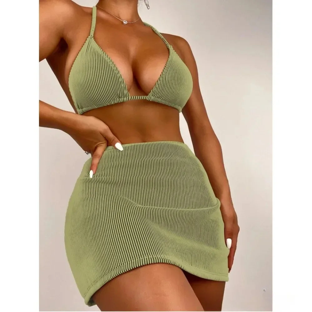 Skirt Ribbed Halter Bikini Female Women Swimwear Three-pieces Bikini Set Bather Bathing Swimsuit Classic One-Piece Skirt Ribbed Halter Bikini Female Women Swimwear Three-pieces Bikini Set Bather Bathing Swimsuit Classic One-Piece