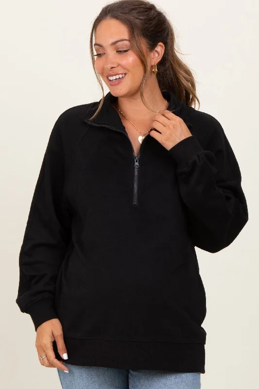 Black Half Zip Contrast Rib Sweatshirt Maternity Top Hoodie with Puffed Sleeves Voluminous Trendy Black Half Zip Contrast Rib Sweatshirt Maternity Top Hoodie with Puffed Sleeves Voluminous Trendy