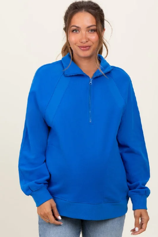 Blue Half Zip Contrast Rib Sweatshirt Maternity Top Hoodie with Crew Neck Simple Timeless Blue Half Zip Contrast Rib Sweatshirt Maternity Top Hoodie with Crew Neck Simple Timeless