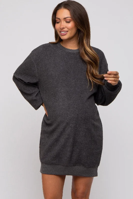 Charcoal Fleece Oversized Maternity Sweatshirt Mini Dress Hoodie with Slim Fit Tailored Modern