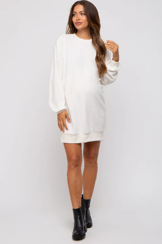 Cream Fleece Oversized Maternity Sweatshirt Mini Dress Hoodie with Lace Feminine Delicate