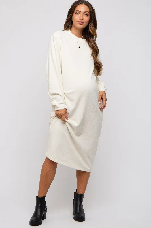 Cream Oversized Maternity Sweatshirt Midi Dress Hoodie with Monochrome Minimalist Simple
