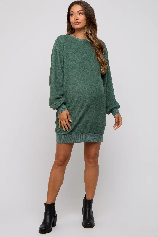 Green Fleece Oversized Maternity Sweatshirt Mini Dress Hoodie with Neon Bright Vibrant