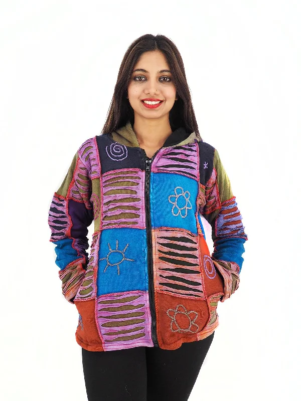 Handmade Patchwork Boho Hippie Hoodie 100% Pre-Washed Cotton Not Lined Blue S-XXL Hoodie with Front Slit Layering Stylish