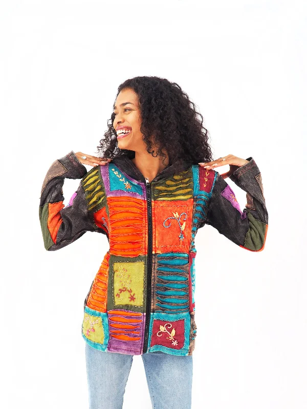 Handmade Patchwork Boho Hoodie 100% Pre-Washed Cotton Blue Orange Tones S-M-L-XL Hoodie with Double Zipper Versatile Adjustable Handmade Patchwork Boho Hoodie 100% Pre-Washed Cotton Blue Orange Tones S-M-L-XL Hoodie with Double Zipper Versatile Adjustable