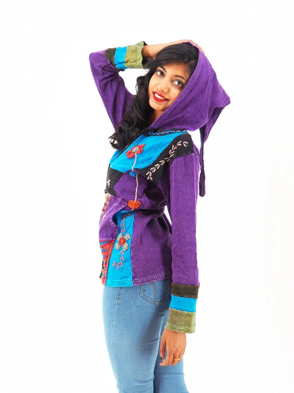 Handmade Patchwork Boho Hoodie 100% Pre-Washed Cotton Pixie Hood Blue Purple S-M-L-XL Hoodie with Typography Text Message Handmade Patchwork Boho Hoodie 100% Pre-Washed Cotton Pixie Hood Blue Purple S-M-L-XL Hoodie with Typography Text Message