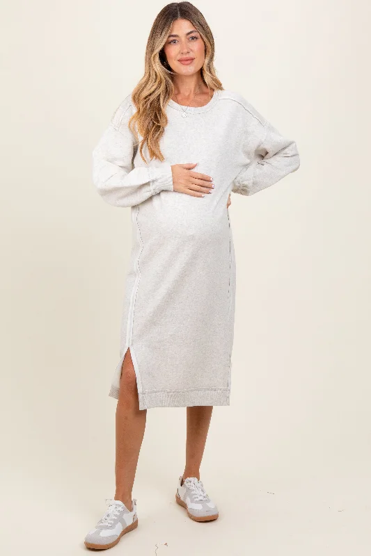 Heather Beige Maternity Sweatshirt Midi Dress Hoodie with Pocket Utility Practical