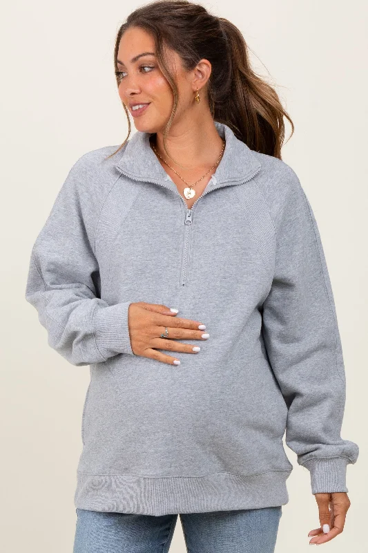 Heather Grey Half Zip Contrast Rib Sweatshirt Maternity Top Hoodie with Raglan Sleeves Sporty Comfortable Heather Grey Half Zip Contrast Rib Sweatshirt Maternity Top Hoodie with Raglan Sleeves Sporty Comfortable