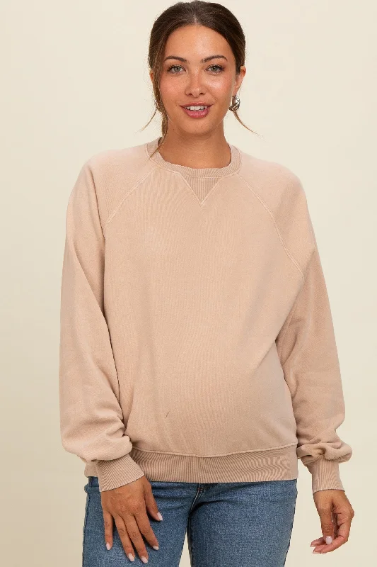 Light Taupe Vintage Wash Relaxed Fit Maternity Sweatshirt Hoodie with Hem Applique Textured Unique Light Taupe Vintage Wash Relaxed Fit Maternity Sweatshirt Hoodie with Hem Applique Textured Unique